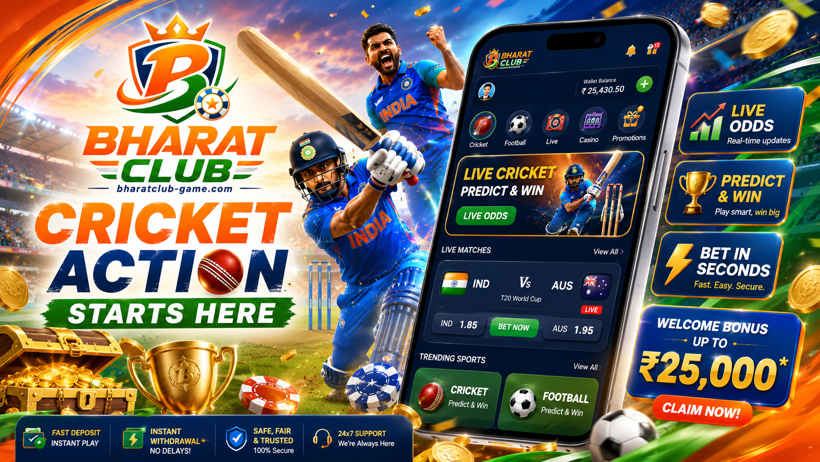 Bharat Club cricket lobby screen with sport panels and phone UI
