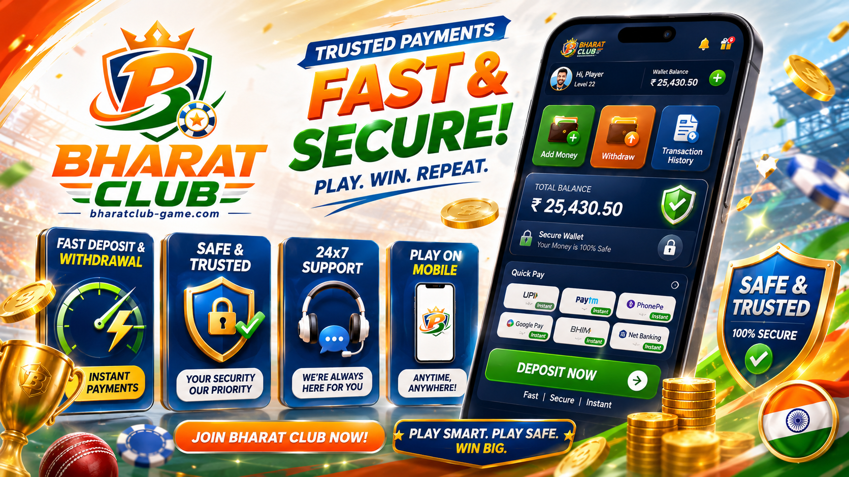 Bharat Club safety and account-style screen with phone UI